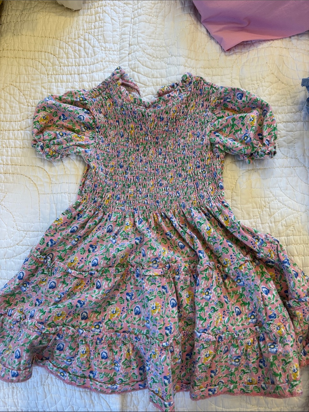 Polo by Ralph Lauren Pink Floral Smocked Dress with Puff Sleeves